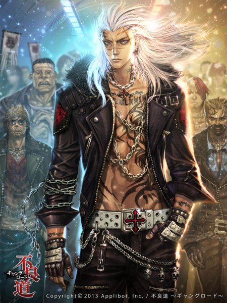 Anime picture 1600x2133 with furyou michi ~gang road~ original xaxak long hair tall image short hair open mouth blue eyes black hair looking away silver hair red hair inscription open clothes open jacket tattoo piercing scar hand in pocket boy