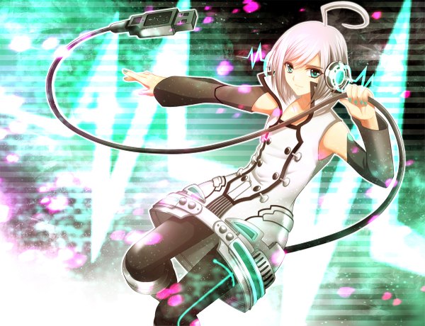 Anime picture 1200x921 with vocaloid utatane piko tagme (artist) single short hair bare shoulders ahoge nail polish aqua eyes grey hair wallpaper striped background aqua nail polish boy detached sleeves headphones usb