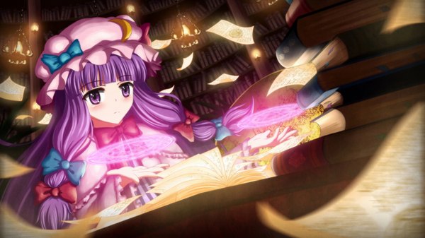 Anime picture 1422x800 with touhou patchouli knowledge yutie1990 single long hair looking at viewer blush wide image purple eyes purple hair magic girl dress bow hair bow book (books) paper magic circle