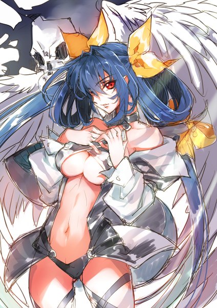 Anime picture 600x848 with guilty gear dizzy (guilty gear) creayus single long hair tall image looking at viewer fringe breasts light erotic red eyes twintails bare shoulders blue hair ass visible through thighs center opening girl navel bow hair bow