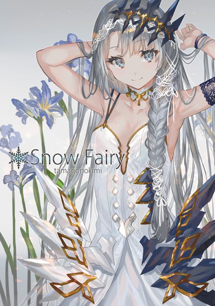 Anime picture 704x1000 with original ranou single long hair tall image looking at viewer blush fringe breasts blue eyes simple background smile standing braid (braids) grey hair arms up armpit (armpits) text single braid arm behind head