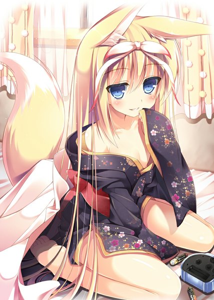 Anime picture 714x1000 with original suzuha (nozomi tsubame) nozomi tsubame single long hair tall image looking at viewer blush blue eyes blonde hair sitting animal ears indoors tail traditional clothes japanese clothes animal tail barefoot off shoulder wide sleeves