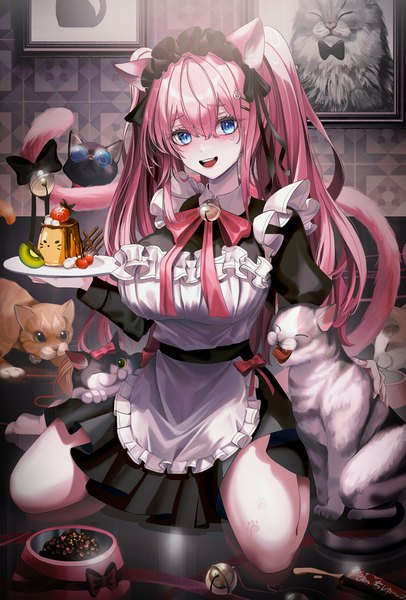 Anime picture 4856x7169 with original libo (724ml) single long hair tall image looking at viewer fringe highres breasts open mouth blue eyes smile hair between eyes large breasts holding animal ears pink hair absurdres full body indoors