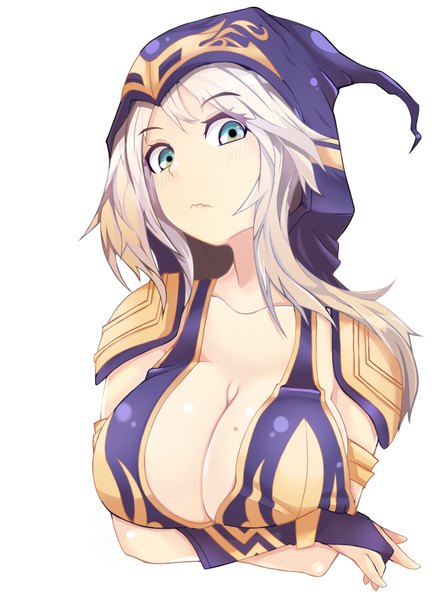 Anime picture 2550x3507 with league of legends ashe (league of legends) hinkyu sensei single long hair tall image looking at viewer blush fringe highres breasts light erotic simple background large breasts white background multicolored hair aqua eyes grey hair gradient hair girl