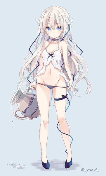 Anime picture 1000x1650 with original yu-ori single long hair tall image looking at viewer blush fringe breasts blue eyes light erotic simple background hair between eyes standing bare shoulders holding signed cleavage silver hair full body