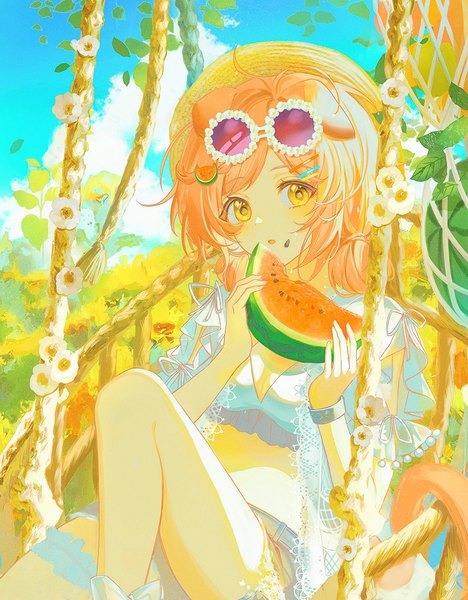 Anime picture 900x1155 with arknights goldenglow (arknights) goldenglow (summer flowers) (arknights) lium single tall image short hair sitting animal ears yellow eyes pink hair sky cloud (clouds) outdoors tail animal tail cat ears cat girl cat tail official alternate costume