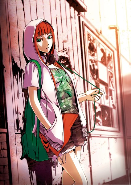 Anime picture 2508x3541 with original no.734 long hair tall image looking at viewer highres green eyes red hair bare legs hand in pocket girl shorts headphones bag hoodie wire (wires)