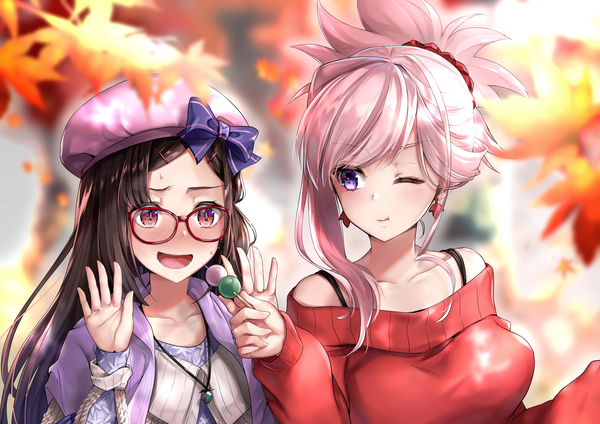 Anime picture 3006x2125 with fate (series) fate/grand order miyamoto musashi (fate) osakabe-hime (fate/grand order) hane yuki long hair blush fringe highres breasts open mouth red eyes brown hair purple eyes bare shoulders multiple girls holding looking away pink hair absurdres