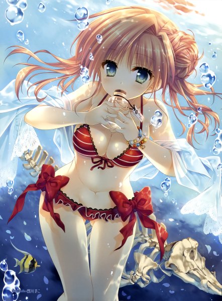 Anime picture 3538x4798 with original tatekawa mako single long hair tall image looking at viewer highres blue eyes light erotic blonde hair green eyes absurdres cleavage ass visible through thighs striped underwater girl navel ribbon (ribbons) swimsuit