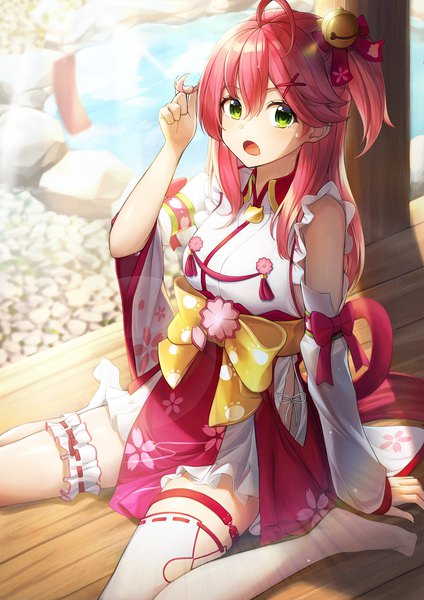 Anime picture 1488x2105 with virtual youtuber hololive sakura miko sakura miko (1st costume) sora (men0105) single long hair tall image looking at viewer fringe breasts open mouth hair between eyes sitting bare shoulders green eyes ahoge red hair traditional clothes japanese clothes