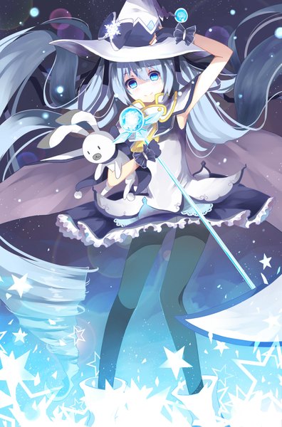 Anime picture 1378x2087 with vocaloid suki! yuki! maji magic (vocaloid) hatsune miku yuki miku yuki miku (2014) gkn levi single tall image looking at viewer blush smile twintails holding very long hair aqua eyes aqua hair glowing drill hair snowing glow
