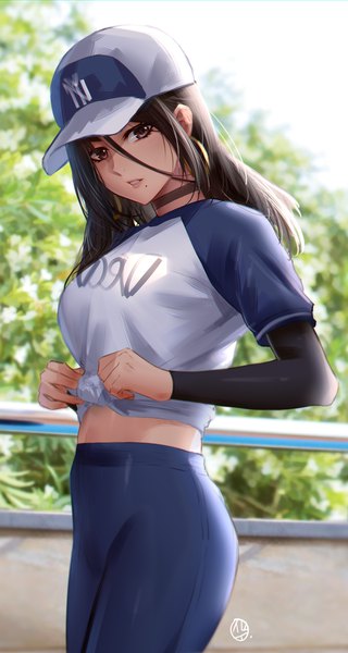 Anime picture 1602x3000 with original hua-j single long hair tall image looking at viewer blush fringe hair between eyes brown hair standing brown eyes signed outdoors parted lips mole midriff mole under mouth front-tie top girl