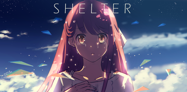 Anime picture 2610x1287 with shelter (music video) rin (shelter) mano-k single long hair looking at viewer highres wide image brown eyes signed sky cloud (clouds) red hair parted lips night :o night sky dated portrait crying