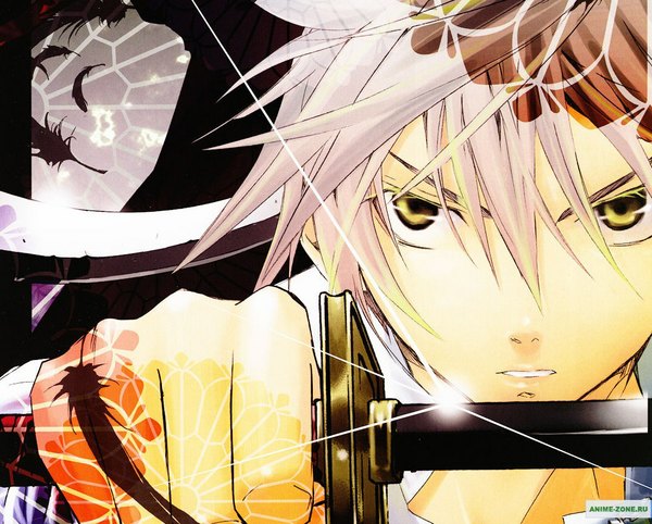 Anime picture 1080x869 with zombie loan akatsuki chika single fringe short hair hair between eyes holding yellow eyes looking away white hair parted lips close-up fighting stance serious boy weapon sword katana feather (feathers)