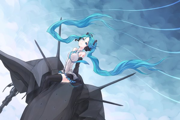Anime picture 1410x940 with vocaloid hatsune miku kazuoki single long hair looking at viewer sitting twintails bare shoulders cloud (clouds) very long hair pleated skirt aqua eyes light smile wind aqua hair girl thighhighs black thighhighs detached sleeves