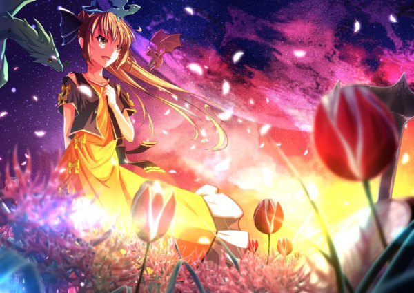 Anime picture 2700x1908 with original aono meri single long hair highres open mouth smile brown hair yellow eyes sky cloud (clouds) ponytail sunlight evening sunset fantasy girl dress flower (flowers) bow