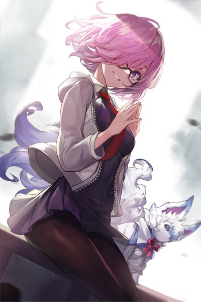 Anime picture 1167x1750 with fate (series) fate/grand order mash kyrielight fou (fate) goomrrat single tall image looking at viewer fringe short hair simple background smile white background sitting purple eyes pink hair head tilt wind sunlight hair over one eye