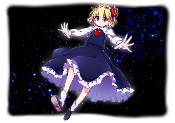 Anime picture 4986x3514 with touhou rumia baba (baba seimaijo) single looking at viewer highres short hair blonde hair red eyes absurdres long sleeves glowing border spread arms space girl dress ribbon (ribbons) hair ribbon socks