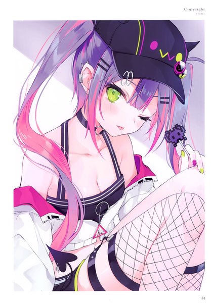 Anime picture 2406x3464 with virtual youtuber hololive tokoyami towa tokoyami towa (1st costume) rurudo single tall image looking at viewer highres green eyes pink hair cleavage purple hair nail polish one eye closed multicolored hair scan off shoulder piercing border