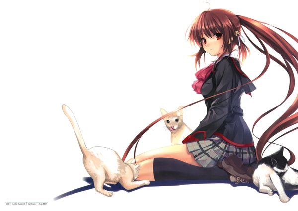 Anime picture 3500x2487 with little busters! key (studio) natsume rin misaki kurehito single long hair looking at viewer fringe highres simple background red eyes brown hair white background sitting absurdres ponytail plaid skirt girl skirt uniform
