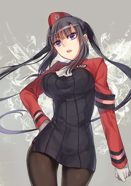 Anime picture 595x842 with summon night summon night 5 yeng-hua (summon night) tenkuu sphere single long hair tall image looking at viewer fringe breasts open mouth black hair large breasts purple eyes twintails payot grey background from below hand on hip girl