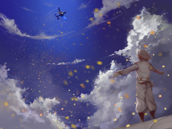 Anime picture 1600x1200 with to aru hikuushi e no tsuioku fana del moral charimei short hair sky cloud (clouds) grey hair from behind spread arms flying spoilers girl uniform earrings aircraft airplane