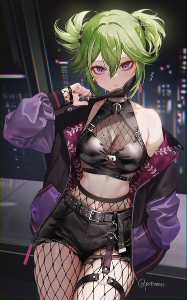 Anime picture 5370x8600 with genshin impact kuki shinobu pottsness single tall image looking at viewer blush fringe highres short hair breasts light erotic hair between eyes sitting purple eyes twintails signed absurdres arm up green hair