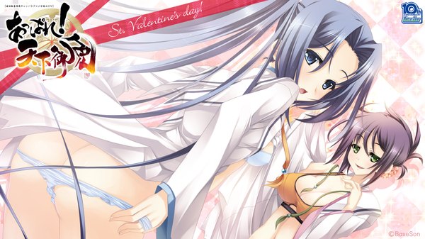 Anime picture 1920x1080 with appare! tenka gomen long hair highres open mouth blue eyes light erotic black hair smile wide image multiple girls green eyes purple hair ass ponytail looking back open clothes open shirt girl underwear panties