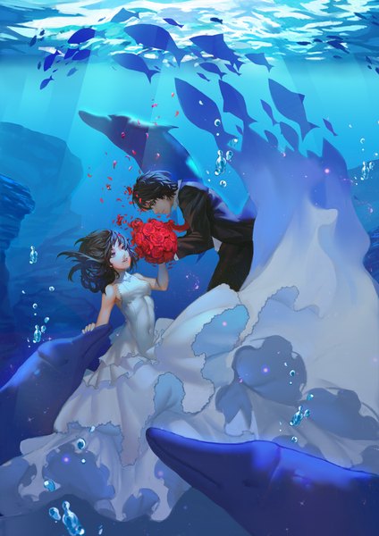 Anime picture 1280x1811 with original rui long hair tall image looking at viewer fringe short hair black hair smile purple eyes holding brown eyes parted lips profile sparkle leaning couple floating hair underwater girl