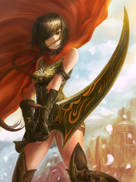 Anime picture 900x1200 with original occult soda long hair tall image looking at viewer fringe brown hair holding braid (braids) very long hair girl gloves weapon petals sword boots thigh boots mantle