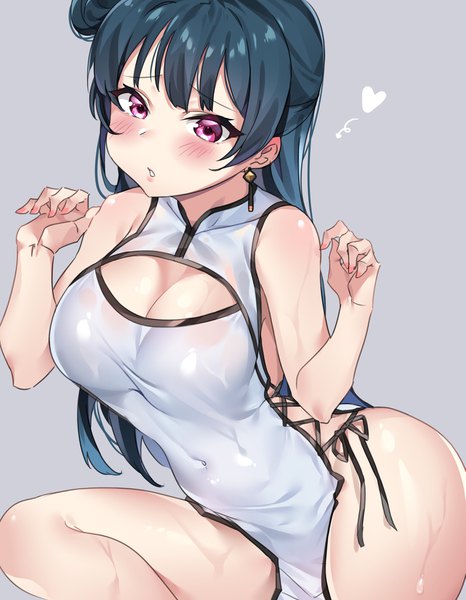 Anime picture 3185x4096 with love live! sunshine!! sunrise (studio) love live! tsushima yoshiko tem10 single long hair tall image looking at viewer blush fringe highres breasts light erotic simple background bare shoulders blue hair absurdres cleavage traditional clothes