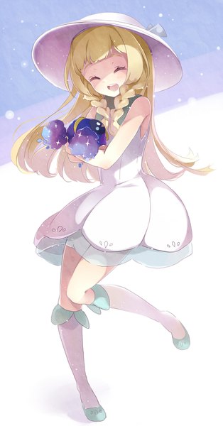 Anime picture 900x1715 with pokemon pokemon sm nintendo lillie (pokemon) cosmog puracotte single long hair tall image open mouth blonde hair standing full body braid (braids) eyes closed sleeveless twin braids standing on one leg shaded face ^ ^