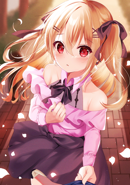 Anime picture 1784x2537 with original tsukimiya sara single long hair tall image looking at viewer blush fringe highres open mouth blonde hair hair between eyes red eyes bare shoulders wind :o two side up girl hair ornament ribbon (ribbons)