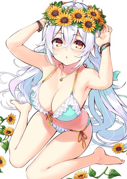 Anime-Bild 708x1000 mit cu-no rapua qive hisenkaede single long hair tall image looking at viewer blush fringe breasts open mouth light erotic simple background hair between eyes large breasts white background sitting yellow eyes cleavage silver hair