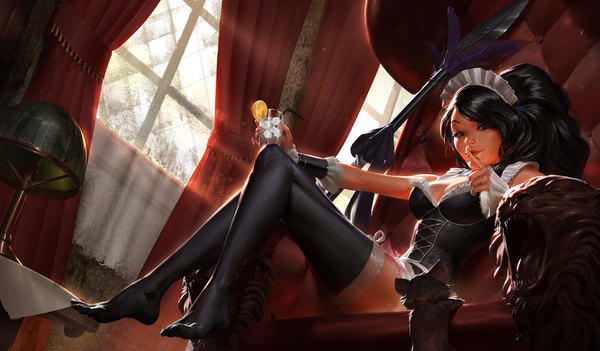 Anime picture 1920x1125 with league of legends nidalee (league of legends) french maid nidalee even amundsen single long hair looking at viewer highres light erotic black hair wide image sitting bare shoulders brown eyes ponytail indoors sunlight maid no shoes finger to mouth