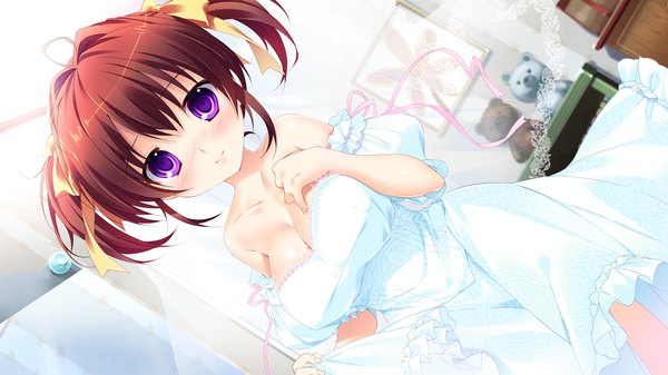 Anime picture 1280x720 with hime-sama love life! kujou io mikeou single looking at viewer blush short hair breasts smile brown hair wide image purple eyes twintails bare shoulders game cg cleavage ahoge dutch angle girl dress