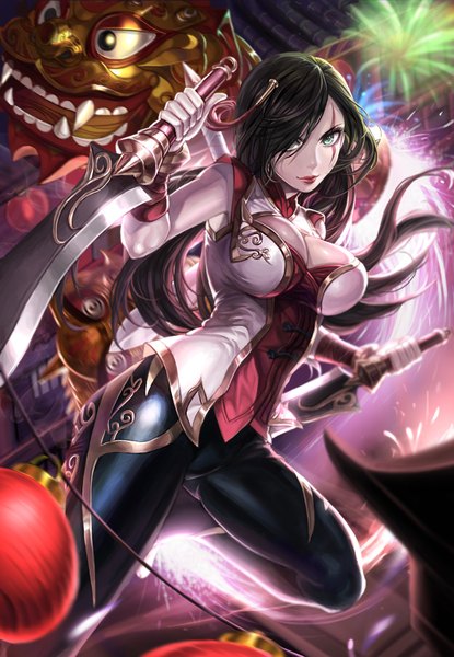 Anime picture 1200x1732 with league of legends katarina (league of legends) bbbox (hotpppink) single long hair tall image looking at viewer breasts light erotic black hair green eyes lipstick scar red lipstick fireworks girl gloves weapon clothes dagger