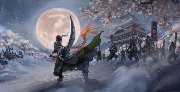 Anime picture 1300x668 with one piece toei animation roronoa zoro koga looking at viewer short hair wide image wind night cherry blossoms fighting stance army boy weapon plant (plants) petals sword tree (trees) belt armor