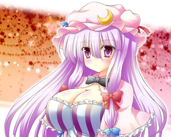 Anime picture 1000x800 with touhou patchouli knowledge osashin (osada) single long hair blush breasts light erotic large breasts purple eyes purple hair girl dress bow hair bow bonnet