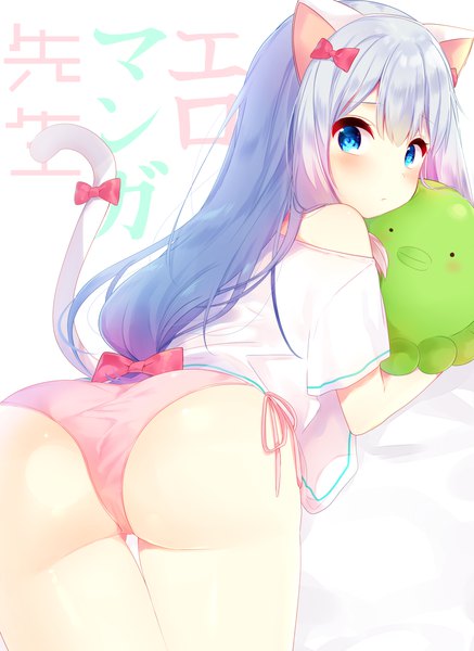 Anime picture 1002x1375 with eromanga sensei a-1 pictures izumi sagiri mafuyu (chibi21) single long hair tall image looking at viewer blush fringe blue eyes light erotic bare shoulders animal ears silver hair ass tail animal tail looking back from behind