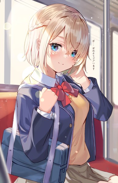 Anime picture 579x900 with original aroa (aroamoyasi) single tall image looking at viewer blush fringe short hair blue eyes blonde hair smile sitting indoors long sleeves pleated skirt hair over one eye open clothes arms up open jacket text