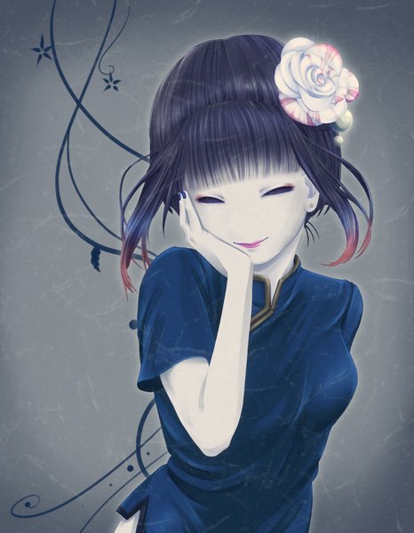 Anime picture 1606x2066 with original fuka kurage single tall image fringe short hair black hair smile purple eyes blue hair red hair nail polish traditional clothes multicolored hair hair flower grey background two-tone hair lipstick chinese clothes pale skin