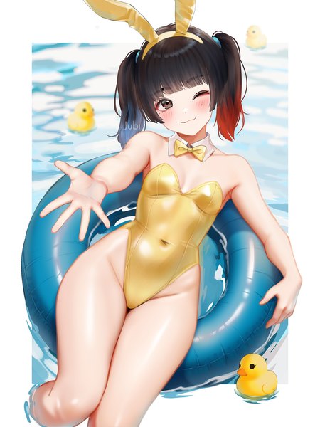 Anime picture 1536x2048 with real life ola aphrodite jubi (regiana) single tall image looking at viewer fringe short hair breasts light erotic black hair brown eyes signed animal ears blunt bangs head tilt one eye closed wink mole bare legs