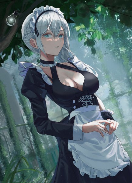 Anime picture 2640x3648 with original jmin single long hair tall image fringe highres breasts hair between eyes standing looking away cleavage silver hair braid (braids) parted lips aqua eyes maid wet dutch angle puffy sleeves