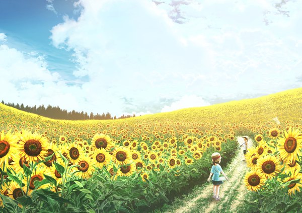 Anime picture 1637x1157 with original kun52 smile sky cloud (clouds) pleated skirt from behind scenic nature girl boy skirt flower (flowers) bow plant (plants) hat tree (trees) grass child (children) straw hat