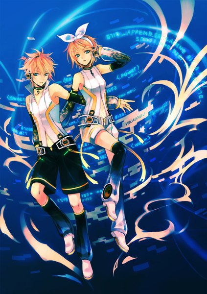 Anime picture 1057x1500 with vocaloid vocaloid append kagamine rin kagamine len kagamine rin (append) kagamine len (append) tall image short hair blonde hair aqua eyes blue background twins girl boy bow hair bow detached sleeves choker headphones