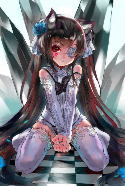 Anime picture 637x943 with original unkq single tall image looking at viewer blush fringe black hair red eyes sitting twintails animal ears very long hair head tilt hair flower cat ears arm support facial mark wariza strap slip