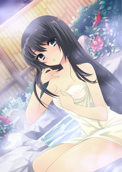 Anime picture 1191x1684 with flyable heart shirasagi mayuri itou noiji kiyo (chaoschyan) single long hair tall image looking at viewer blush blue eyes light erotic black hair naked towel girl flower (flowers) towel onsen