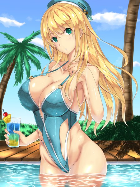 Anime picture 2457x3278 with kantai collection atago heavy cruiser luna (gunfire) single long hair tall image looking at viewer blush fringe highres breasts light erotic blonde hair hair between eyes large breasts standing holding green eyes sky cloud (clouds)