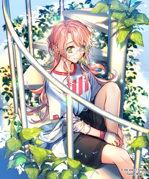 Anime picture 741x890 with sid story interitio single long hair tall image looking at viewer fringe sitting signed yellow eyes pink hair bent knee (knees) from above light smile official art copyright name twitter username girl plant (plants) glasses